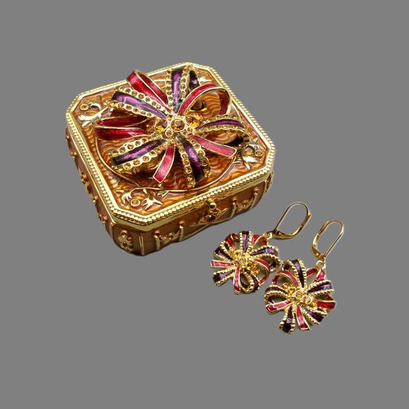 Joan Rivers Jewelry - Joan Rivers Trinket Box w/ Brooch and Earrings, Gold and Enamel w/ Crystals, Vtg